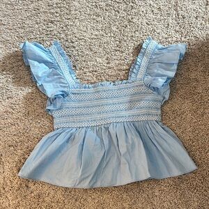 NWT TCEC blue and white ruffle sleeve tank top Sz L
